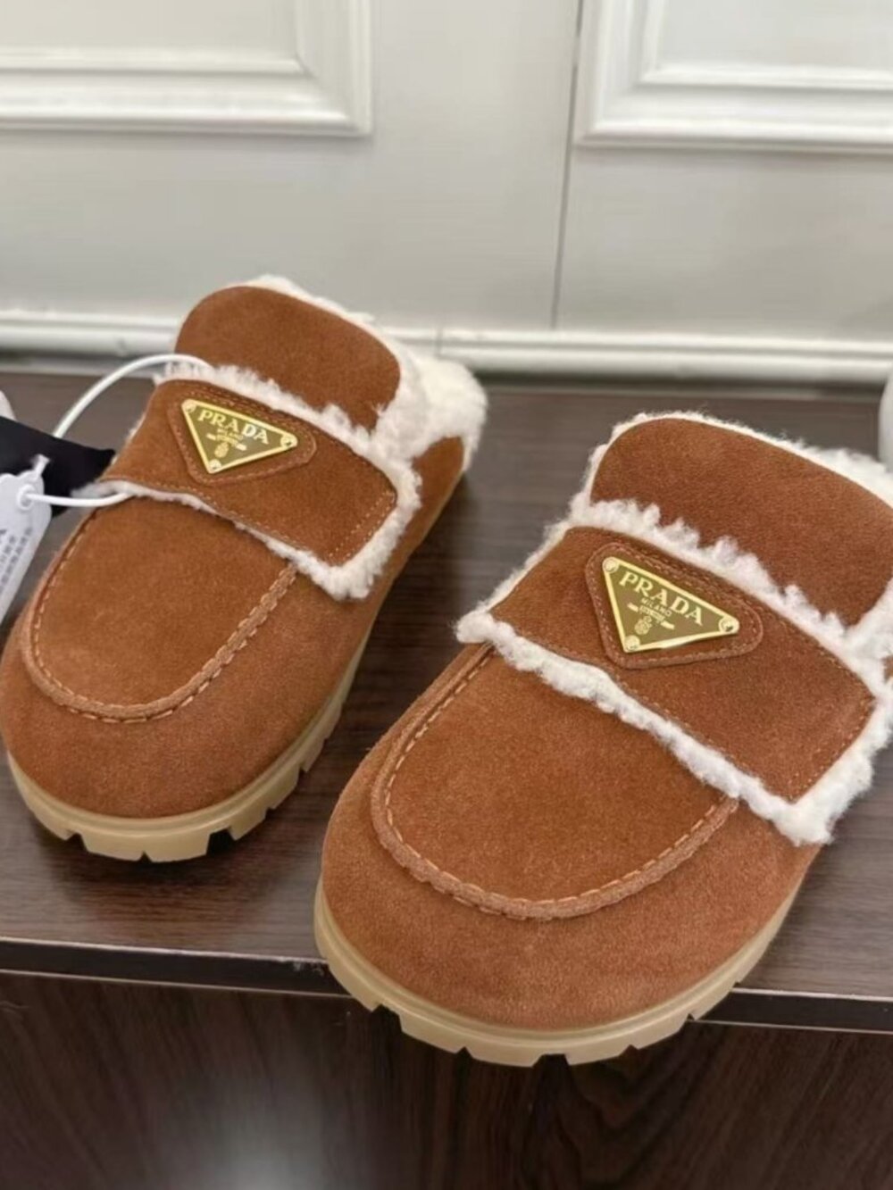 Prada Shearling Suede Lug Sole Mules - Picture 2 of 4
